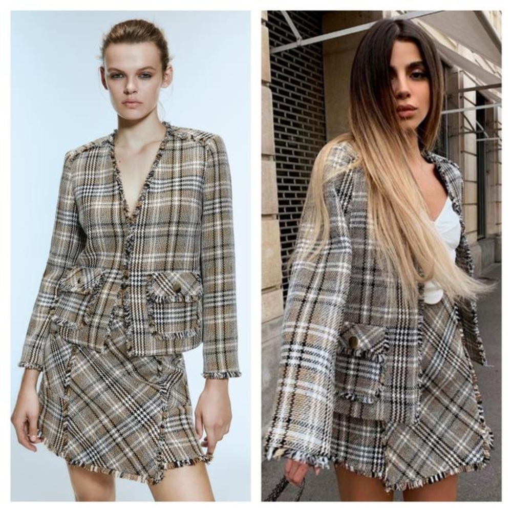 NWT Zara Checked Frayed Plaid Tweed Blazer Jacket
